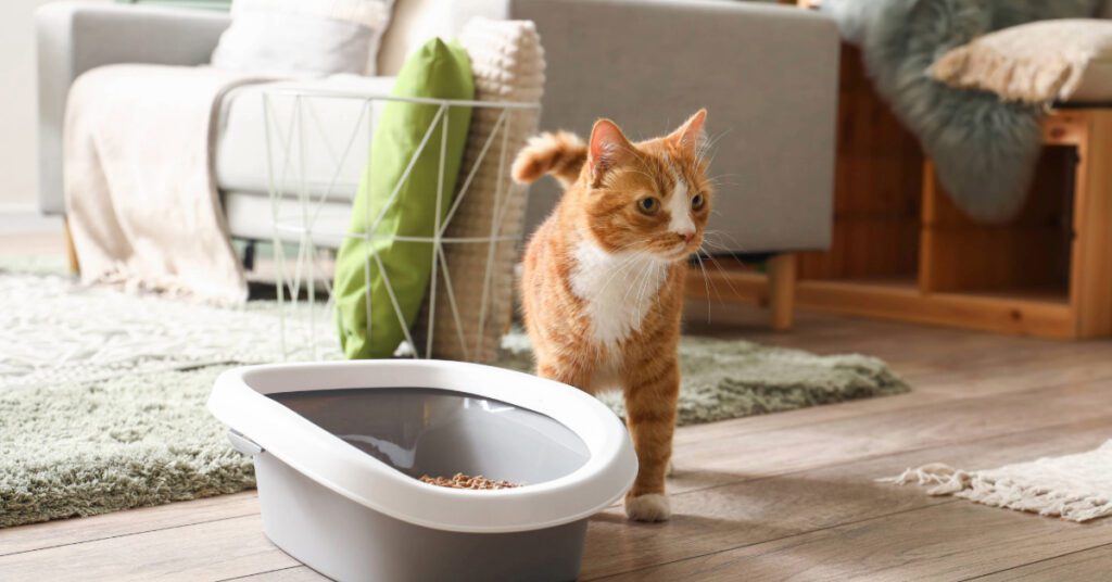 orange and white cat standing near litter box in the living room
